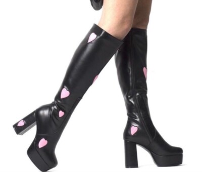 Lamoda Black Knee High Pink Heart Platform Boots Size New In Box