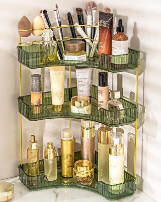 3-Tier Green Corner Makeup Organizer Countertop with Brush Holder for Bathroom