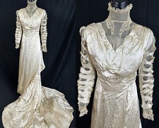 Edwardian Ivory Silk Paned Sleeve Princess Line Cathedral Train Wedding Gown VTG