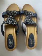Cotton Traders Navy Floral Sandals Wedge Heel