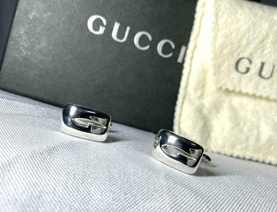 Autentici bellissimi gemelli Gucci logo G 3D SV925 argento sterling regalo - Immagine 4 di 4