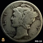 1935 Mercury dime 90% Silver Circulated AG-G US Coin "Actual Coin"