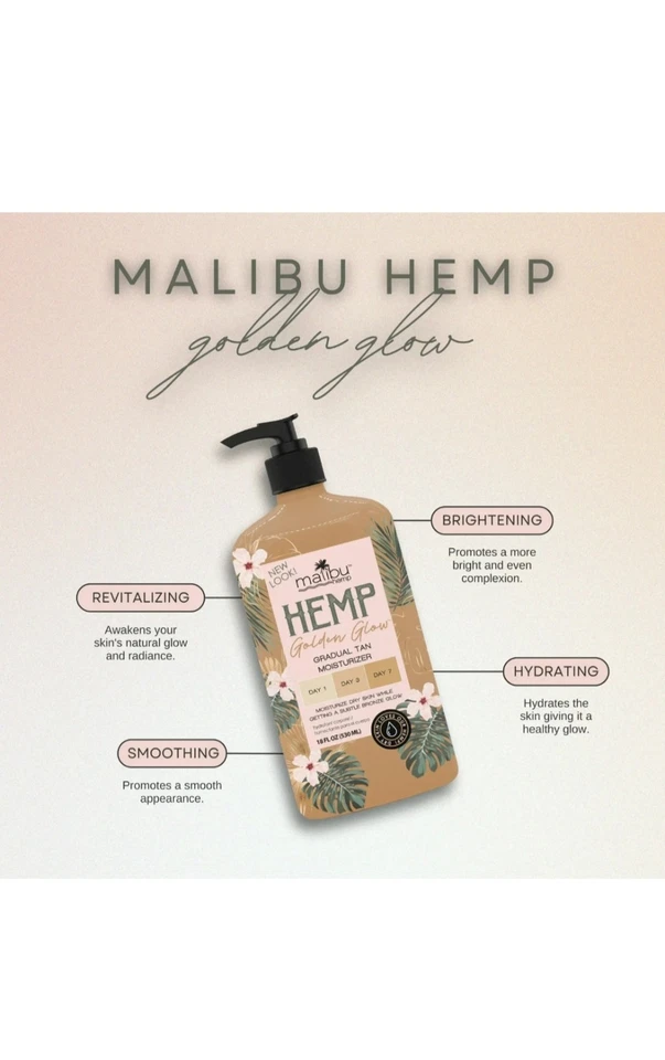 Kit hidratante e bronzeador bronzeado gradual brilho dourado cânhamo Malibu 18 fl oz - Imagem 2 de 4