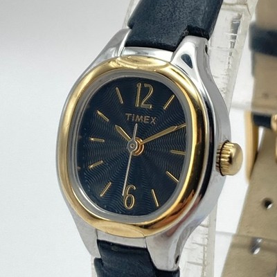 Timex Womens Watch 19mm Silver Gold Two Tone Black Leather New Battery 7.5'' 2007
