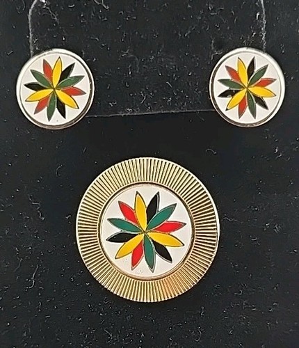 Vintage Set Pennsylvania Dutch Enamel Hex Sign Brooch and Clip-On Earrings Folk - Picture 2 of 4