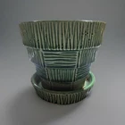Vintage McCoy Basketweave Green Planter Flower Pot 6" w/ Attached Saucer