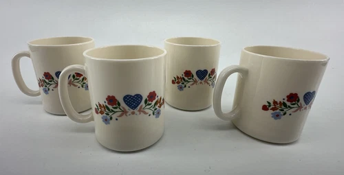 VTG Arcopal France Blue Heart, Floral Glass Coffee Mug Cups - Set of 4