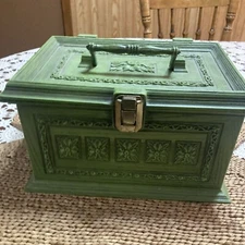 Vtg 70s MAX KLEIN Avocado Olive Green Plastic Sewing Box Case Tray Retro Thread