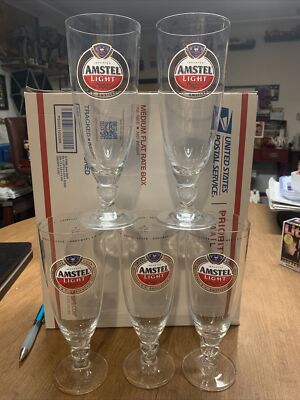 5 Imported Amstel Light Premium Lager 33cl 12 Oz Beer Glasses Stemmed Gold (M6)