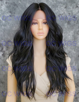 Long Loose Wavy Heat OK Human Hair Blend Lace Front Wig Off Black EVEX 1B