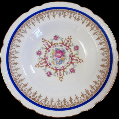 8'' Embassy Vitrified China American Floral Center Cobalt Blue Band Gold Filigree