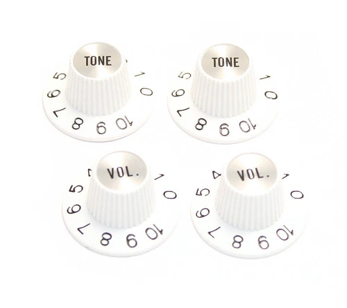 (4) White/Silver Witch Hat Knobs for USA Gibson® Guitar/Bass fits 6mm CTS Pots