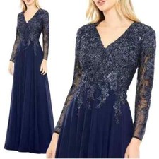 Mac Duggal 20388 0 Navy Blue Embellished V-Neck Long Sleeve Maxi Dress NWOT $698