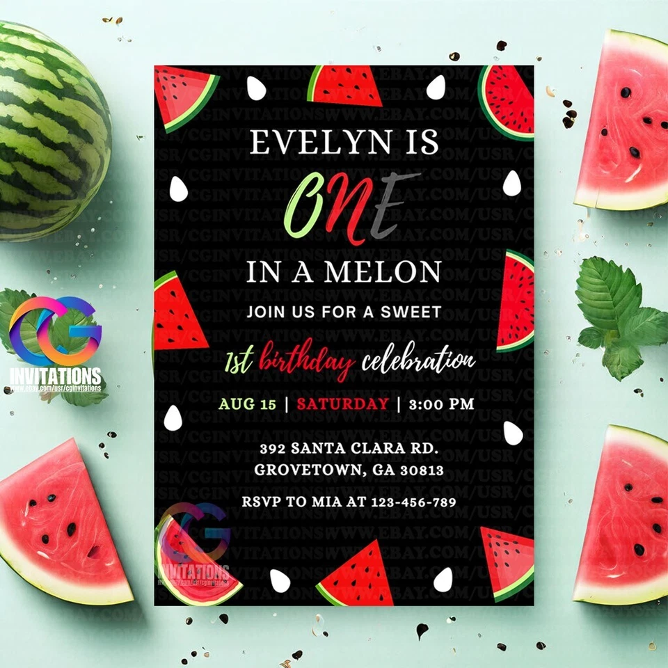 EDITABLE Invitación de Cumpleaños Sandía Blanca y Negra, una en Plantilla de Melón Foto 2 de 4