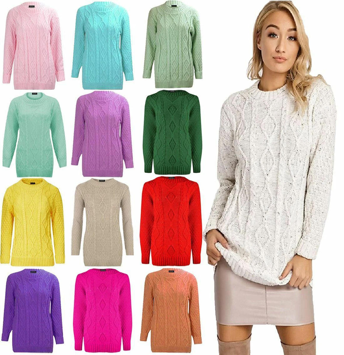 Women Chunky Cable Knit Jumper Pullover Ladies Sweater Top 8-22