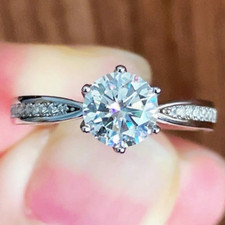 1.48 TCW Round Cut Brilliant Moissanite Halo Engagement Ring 14K White Gold Over