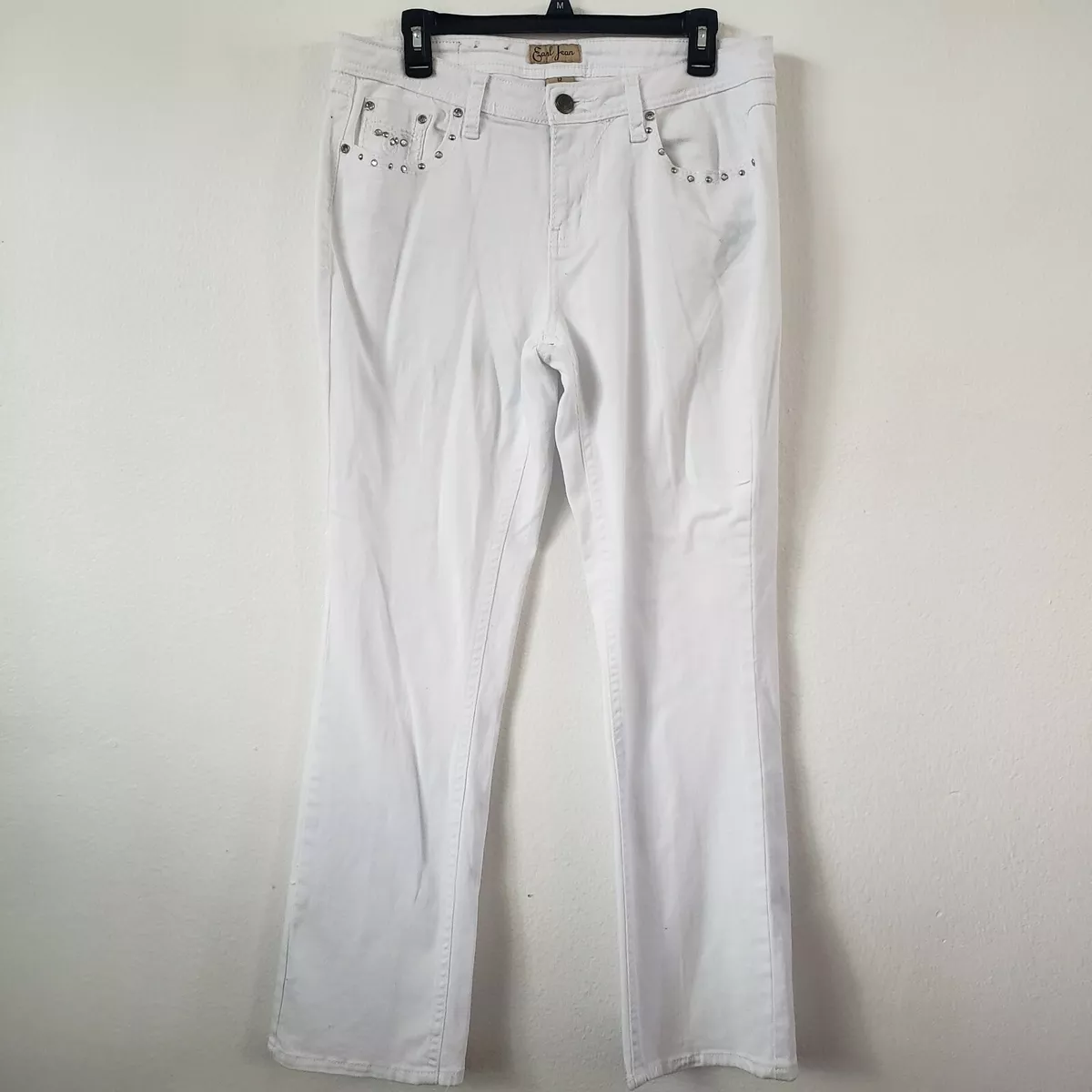 Earl Jeans Straight Womens Jean Size 12 Embellished Pocket White Denim Stretch