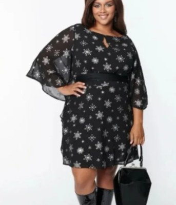 NWT Unique Vintage Smak Parlour Blacks & Sliver  Flouncy Dress  Size 2X / 18