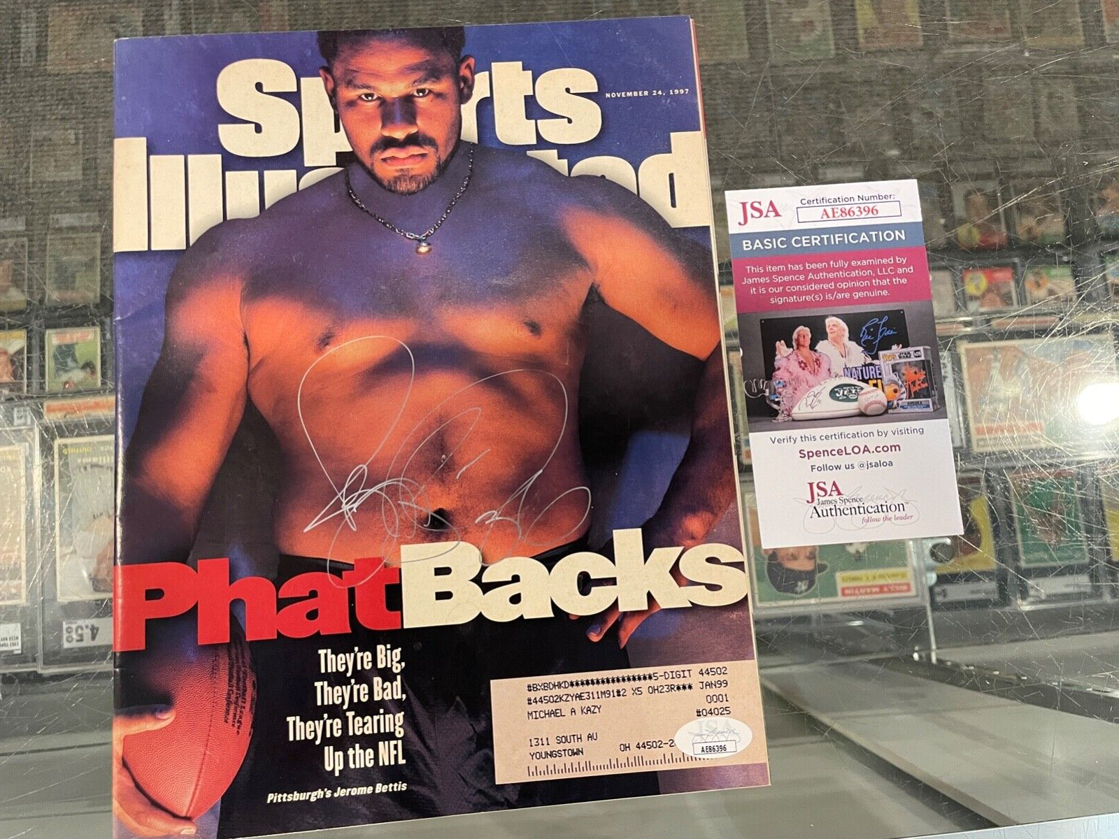 1997 JEROME BETTIS STEELERS SIGNED SPORTS ILLUSTRATED MAGAZINE PHATBACKS NM JSA 