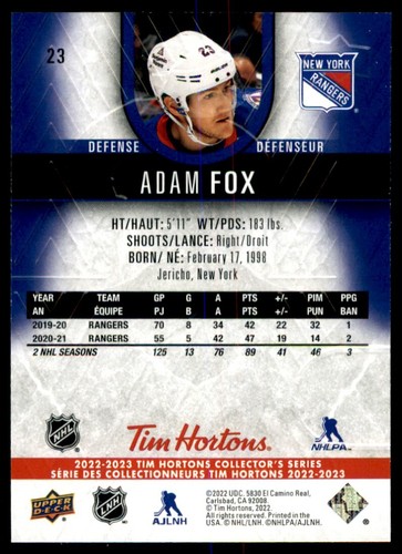 2022-23 Upper Deck Tim Hortons Adam Fox #23 - Picture 2 of 2