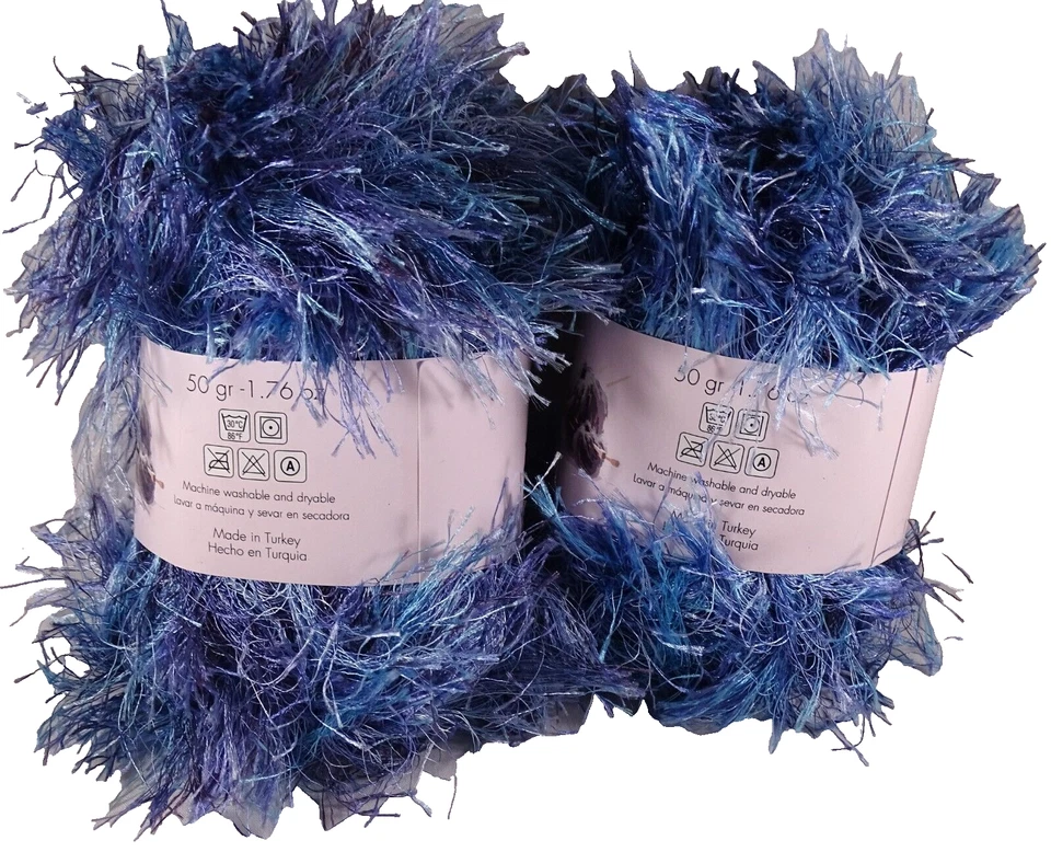 Lote de 2 madejas hilo de gala mezclado fibra novedad tejer artesanía ganchillo pestañas azules Foto 2 de 4