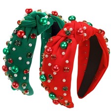 2PCS Christmas Knotted Headbands Women Red Green Pearl Rhinestone Jewel Gift Pro
