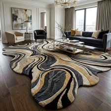 Hand Tufted Luxury Abstract Rug Black Gold Irregular Wool Area Rug Modern Area