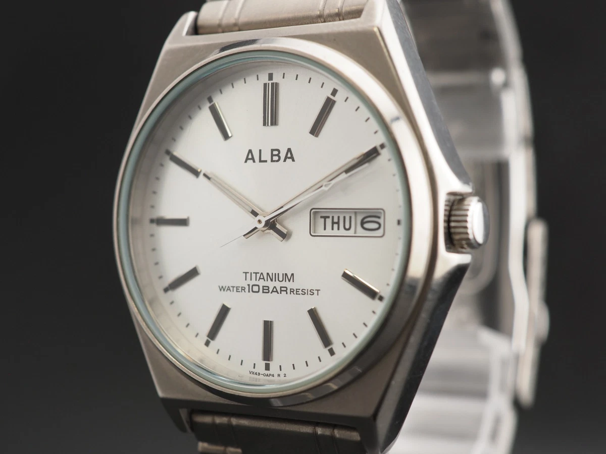 Reloj Hombre Vintage Seiko Alba VX43-0AG0 Plata Titanio Día Fecha Qz 37mm JAPÓN