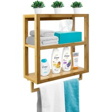 Bamboo Wall Mounted Rack, 3-Tier Storage Shelf with Rail Bar for Bathroom 