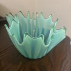 VTG Fostoria Heirloom Blue/Green Opalescent Handkerchief Glass Bowl