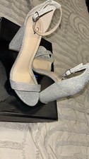 Windsor Silver Glitter Mesh Block Heel Strappy Ankle Strap Open Toe Women's 7