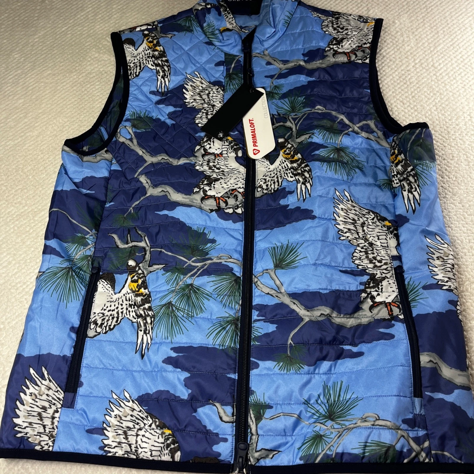 Greyson Clothiers Mens Primaloft Quilted Vest Blue Eagle Pine Print Size Medium