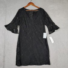 Adrianna Papell Shift Dress Women's 14 Black Floral Lace Bell Sleeve Modest NWT