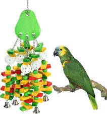 Large Parrot Bird Toy Chewing Hanging with Wooden Blocks Beads Bells Avocado