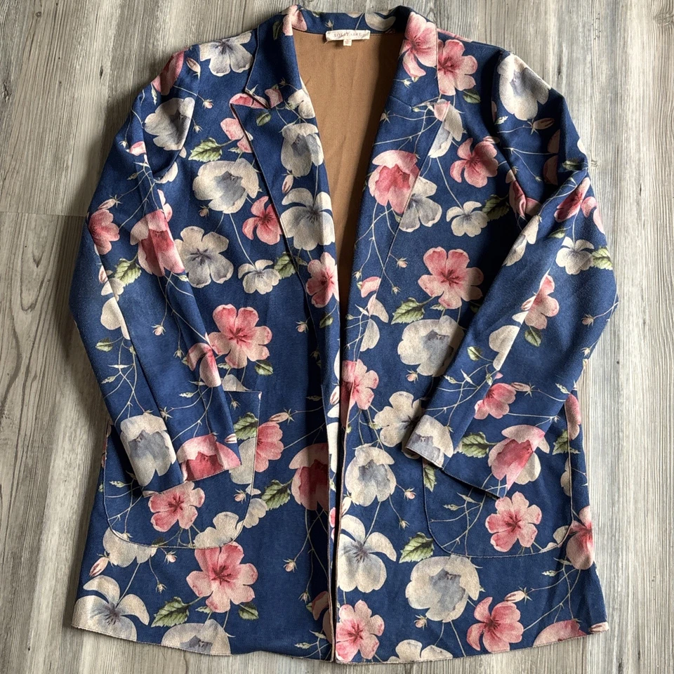 Anthropologie: Chaqueta Blazer Solitario Azul Floral Imitación Gamuza Grande Talla Grande