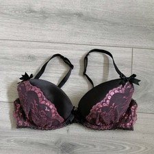 Ann Summers Black Satin & Burgundy Lurex Lace Padded Push Up Bra 36C