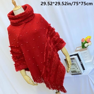 Damen Strick Poncho Cape Quaste Fransen Umhang Wickel Achselzucken Mantel Perlen warm