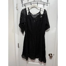 City Chic Black Lace Cold Shoulder Tunic Crochet Insert Dress Size S/ 16 Coverup