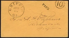 CSA Griffin, GA CDS AUG 10 (1861) with "PAID" & "10" to Vice Pres A.H. Stephens