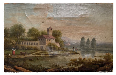 19th Century Circle Corot Original Oil Painting Italian Landscape Castle River