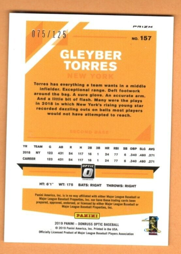 Donruss Optic Purple Prizm Gleyber Torres 075/125 2019, ¡casi como nuevo! - Imagen 2 de 2