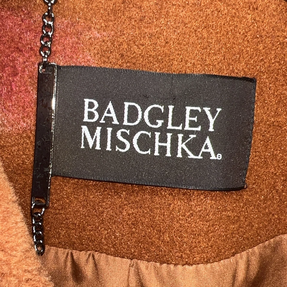 Abrigo Badgley Mischka Parka Guisante Plumas Mezcla de Lana Cuello de Piel M Naranja Quemado Foto 3 de 4