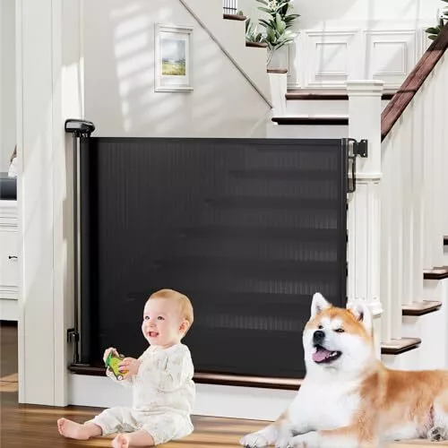 Retractable Baby Gates for Stairs, Retractable Dog 34" Tall x 54" Wide A-black - Picture 2 of 7