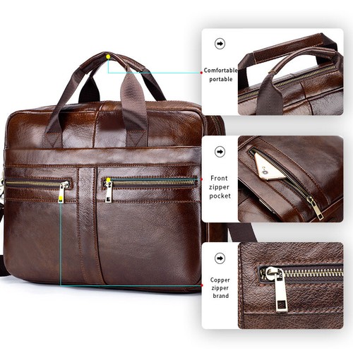 Men's Genuine Cowhide Leather Briefcase Business Bag Messenger Bag Computer Bag - Picture 8 of 12
