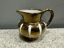 Vintage Gray’s Pottery Small Pitcher 2.25” Painted Gold White in EUC