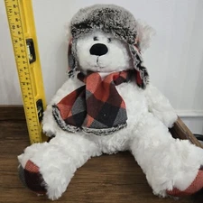 Hugfun White Teddy Bear Plush Red Plaid Hat Scarf Holiday Stuffed Animal 17"