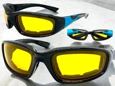 MOTORCYCLE BIKER Day Night Riding PADDED SUN GLASSES Black Frame HD Yellow Lens
