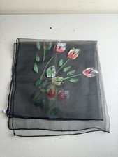 Vtg 1970's Black Floral Nylon Square Scarf Hand painted Tulips EUC