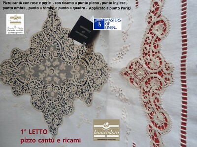 Bedspread + Complete Sheet Set Hand Embroidery Linen Lace Cantù 5 Pcs. Ecru