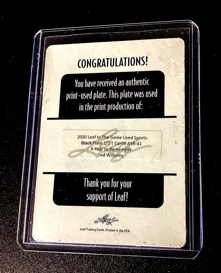 Ted Williams 1/1 Hoja Juego Usado Placa de Impresión 2020 Béisbol 1 de 1 Raro Medias Rojas Foto 2 de 4